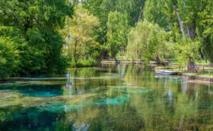 Vista delle fonti del Clitunno. Lo specchio d'acqua cristallino e di colore turchese specchia i veridi alberi che vi si affacciano.