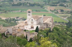 Vista panoramica della Basilica di San Francesco. La vista, frontale leggermente scorciata verso destra, della facciata della basilica superiore e del complesso circostante emerge dal verde degli alberi circostanti. Sullo sfondo le campagne umbre.