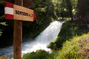 Primo piano di un indicatore di percorso in legno, che riporta la scritta "Sentiero 2" ed è rivolto verso destra, lungo un cammino, immerso nel verde, che costeggia il fiume.