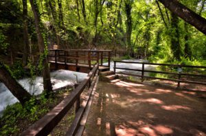 Vista di un piccolo ponte in legno che permette l'attraversamento delle acque rapide del fiume.