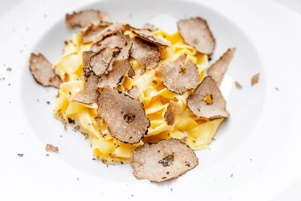 Inquadratura ravvicinata di un piatto di pasta lunga, fatta in casa, con scaglie di tartufo nero pregiato.