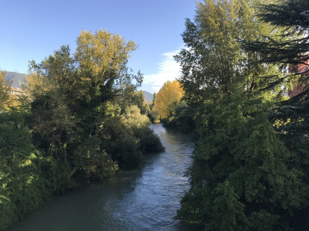 Photo of a section of the River Nera flowing in the centre of the picture. The river is in the shade of a rich vegetation running along both banks. On the left and right of the photo, behind the vegetation, buildings can be glimpsed, so this stretch of river is close to a town. In the background, starting from left to centre, there are mountains and above them the clear sky with a few clouds in the centre.