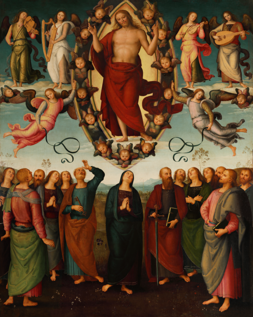 Dipinto del Perugino che raffigura l’Ascensione di Gesù al cielo quaranta giorni dopo la Resurrezione. Nella parte bassa della tavola, Maria e gli apostoli rivolgono gli occhi al cielo per ammirare Gesù e gli angeli.